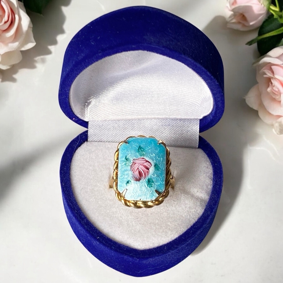 SOLD! Vintage 1940s Blue Pink Guilloche Ring, Adjustable Enamel Handpainted. - Picture 2 of 6